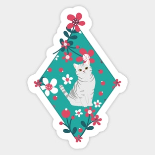 American Shorthair Cat and Flowers - Teal Sticker